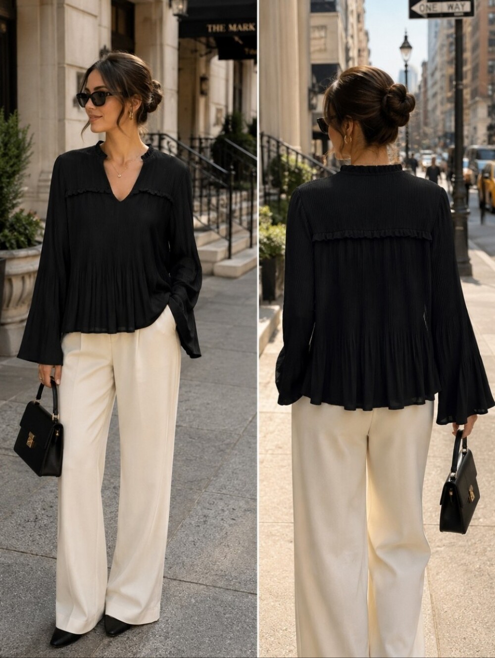 Laundry by Shelli Segal Black Pleated Blouse L Bell Sleeve Quiet Luxury Chic